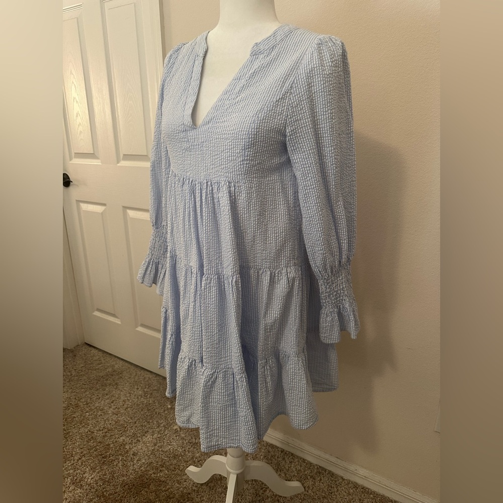 o.p.t. Bay Dress Sz S Striped Seersucker Tiered Summer Coastal Preppy Nautical - Picture 4 of 12